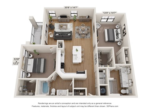 Floor plan for 2 beds, 2 baths, 1322 sqft